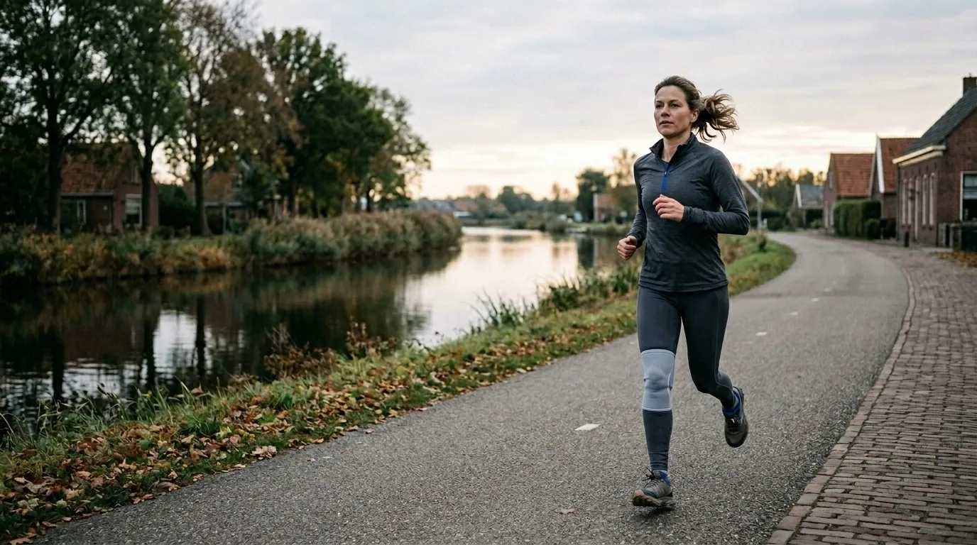 Vrouw met kniebrace loopt rustig hard langs een vaart