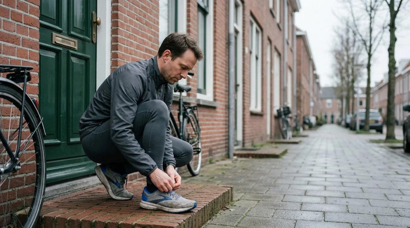 Man strikt zijn hardloopschoenen op de stoep voor zijn huis