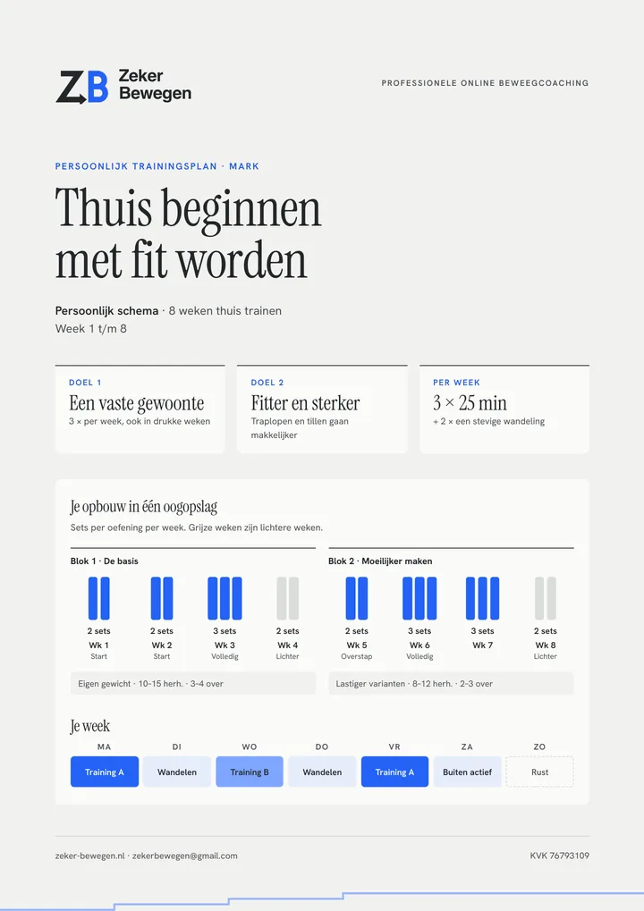 Voorblad van een voorbeeldschema om thuis te beginnen met fit worden